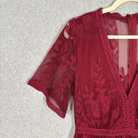 Burgundy Dress Medium Sheer‎ Lace Flowy Embroidered Scalloped Resort Feminine - Picture 4 of 9